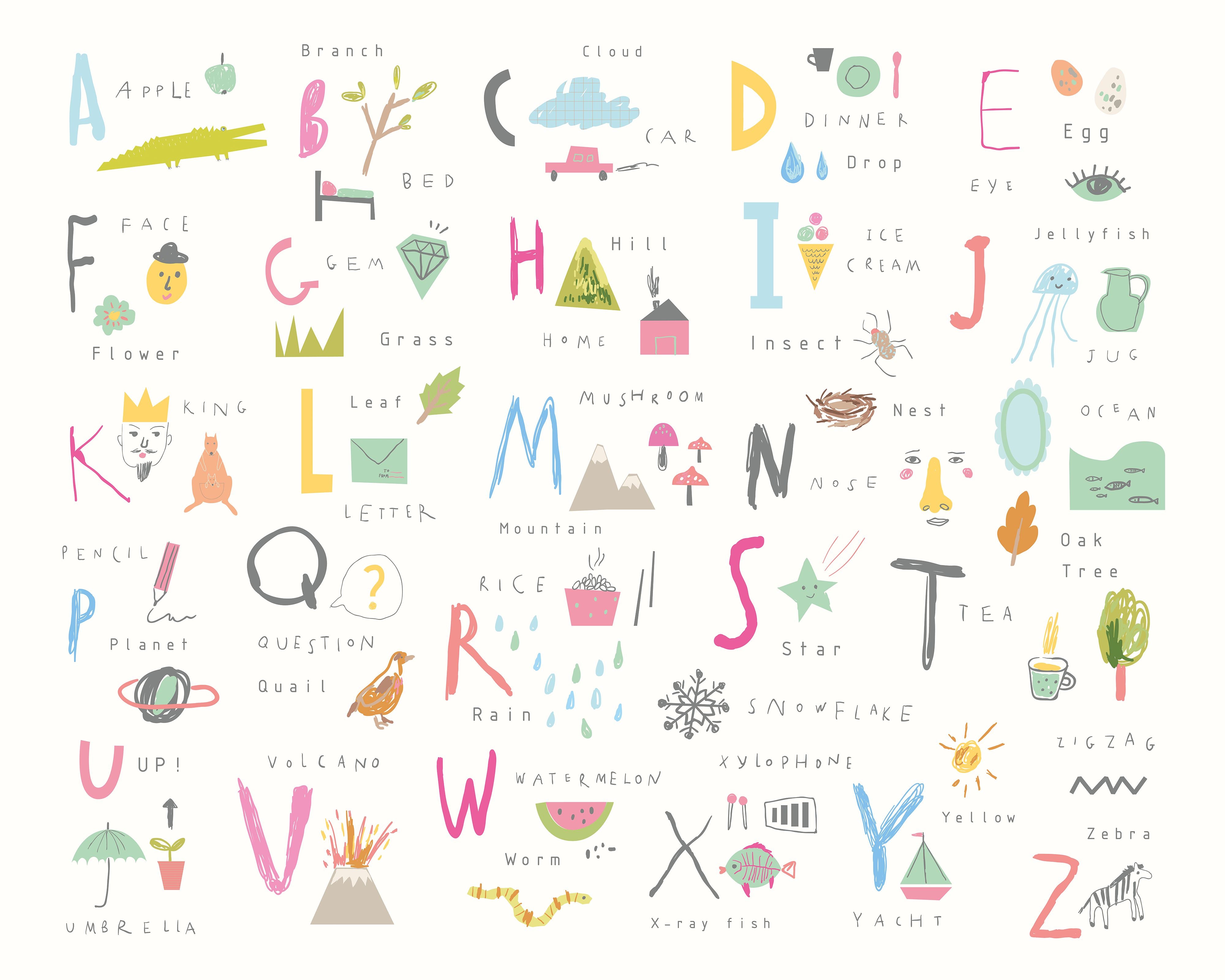CHILDRENS ALPHABET ILLUSTRATIONS - Multi Pink – Origin Murals