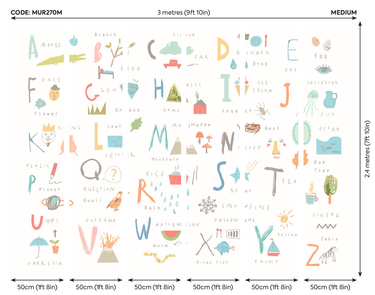 CHILDRENS ALPHABET ILLUSTRATIONS - Multi Pastel – Origin Murals